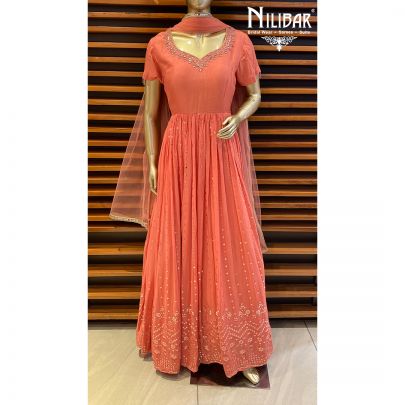 Coral Peach Georgette and Net Anarkali