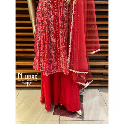 Rose Red Chinon and Georgette Palazzo Suit