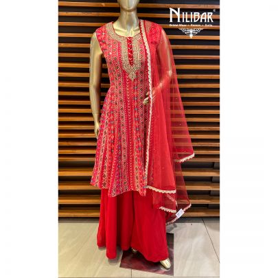 Rose Red Chinon and Georgette Palazzo Suit