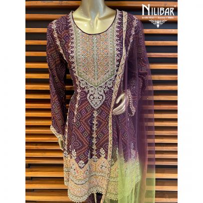 Purple Green Chinon and Net Dhoti Suit