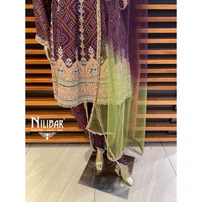 Purple Green Chinon and Net Dhoti Suit