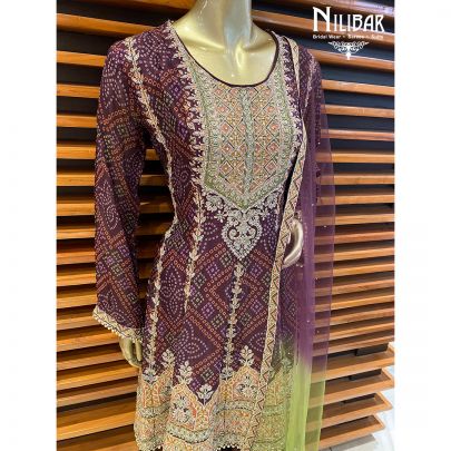 Purple Green Chinon and Net Dhoti Suit