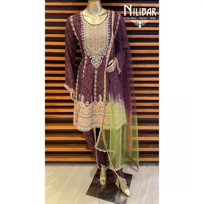Purple Green Chinon and Net Dhoti Suit