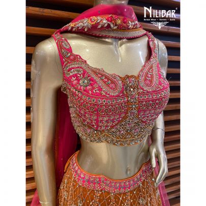 Orange and Hot Pink Silk Lehenga