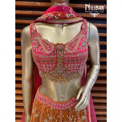 Orange and Hot Pink Silk Lehenga