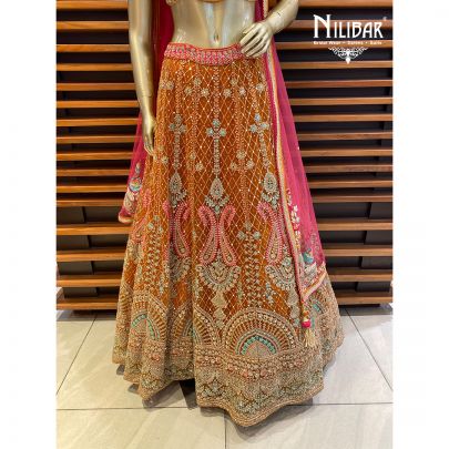 Orange and Hot Pink Silk Lehenga