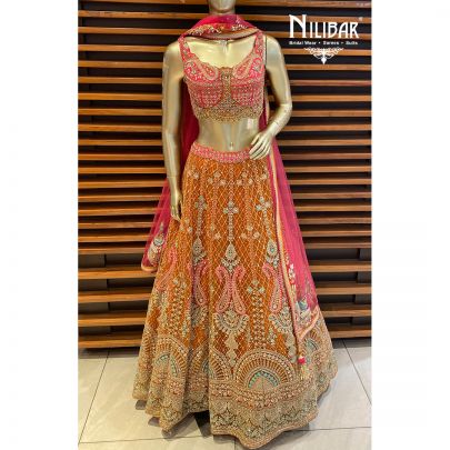 Orange and Hot Pink Silk Lehenga