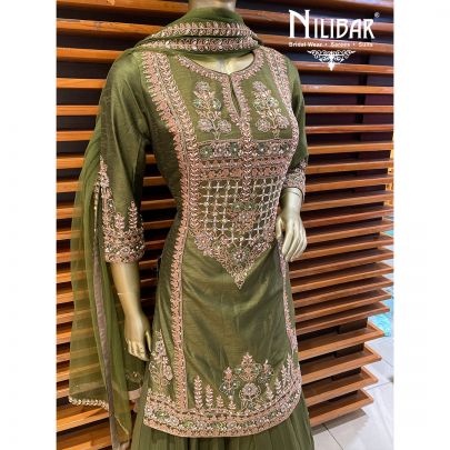 Mehendi Green Georgette and Silk Lehenga