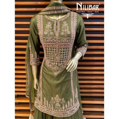 Mehendi Green Georgette and Silk Lehenga