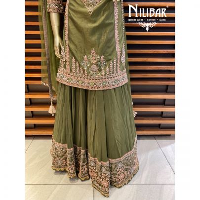 Mehendi Green Georgette and Silk Lehenga