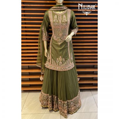Mehendi Green Georgette and Silk Lehenga