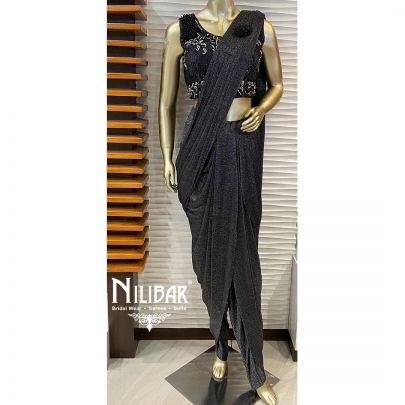 Black and Grey  Net and Lycra Draped Saree