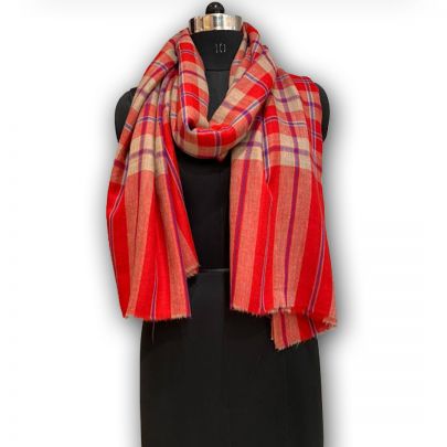 Red Peach Checked Pure Pashmina Shawl
