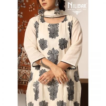 Cream and Black Cotton Kurti Set