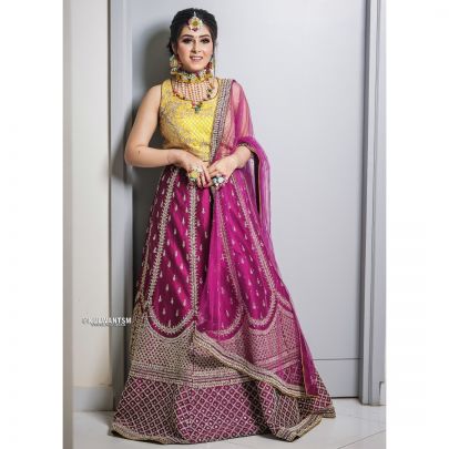 Yellow and Purple Silk Lehenga