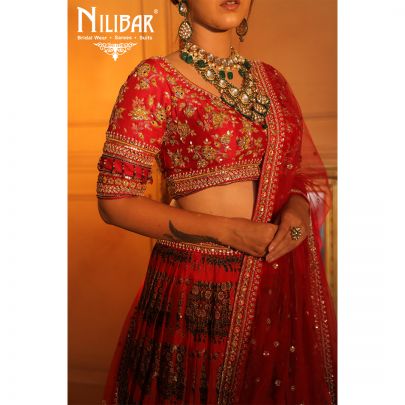mehroon Silk and Chinon Bridal  Lehenga