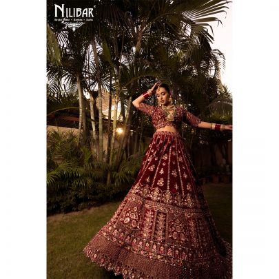 Rosewood Maroon Velvet Bridal Lehenga