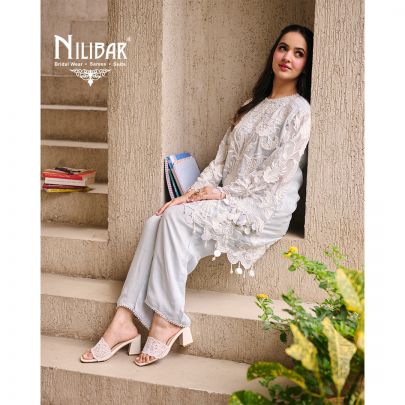 Ice Blue Organza Short Shirt Paired With Pants & Dupatta