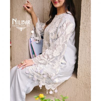 Ice Blue Organza Short Shirt Paired With Pants & Dupatta