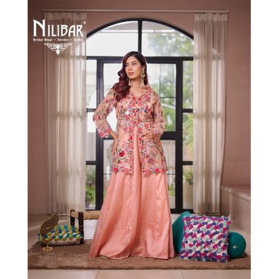 Peach Centre Cut Jacket Style Top Paired With Flared Palazzo & Organza Bottom