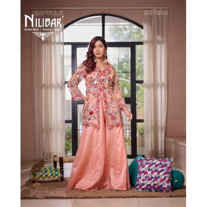 Peach Centre Cut Jacket Style Top Paired With Flared Palazzo & Organza Bottom