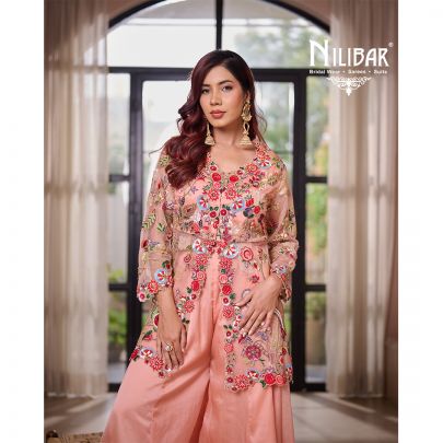 Peach Centre Cut Jacket Style Top Paired With Flared Palazzo & Organza Bottom