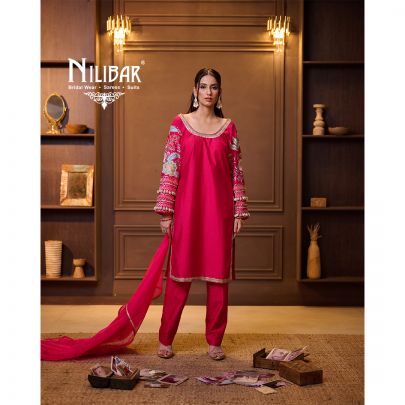 Bright Pink Silk Pant Suit Set Paired With Organza Dupatta