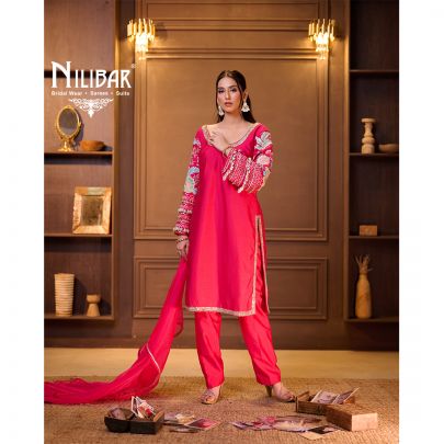 Bright Pink Silk Pant Suit Set Paired With Organza Dupatta