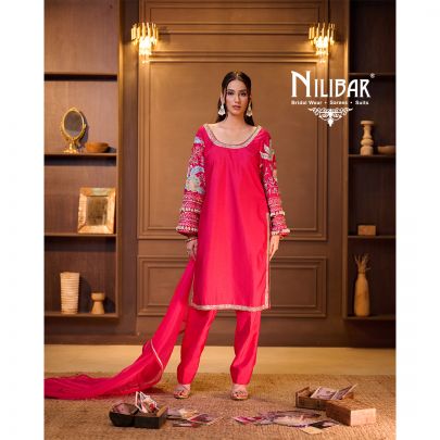 Bright Pink Silk Pant Suit Set Paired With Organza Dupatta