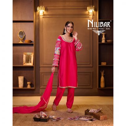 Bright Pink Silk Pant Suit Set Paired With Organza Dupatta
