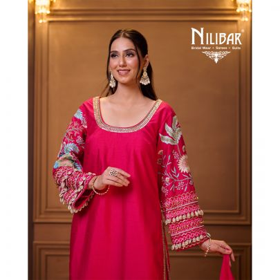 Bright Pink Silk Pant Suit Set Paired With Organza Dupatta