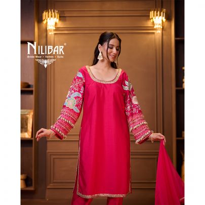 Bright Pink Silk Pant Suit Set Paired With Organza Dupatta