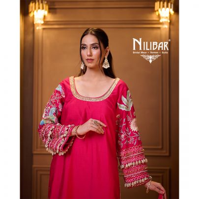 Bright Pink Silk Pant Suit Set Paired With Organza Dupatta