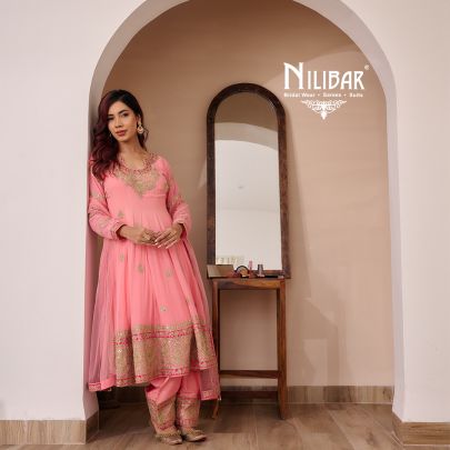 Light Peach Anarkali With Salwar Paired With Georgette Top, Silk Bottom & Net Dupatta