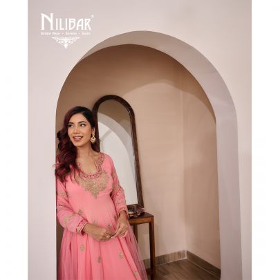 Light Peach Anarkali With Salwar Paired With Georgette Top, Silk Bottom & Net Dupatta