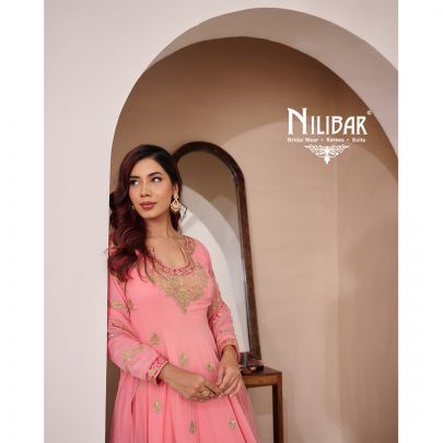Light Peach Anarkali With Salwar Paired With Georgette Top, Silk Bottom & Net Dupatta
