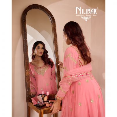 Light Peach Anarkali With Salwar Paired With Georgette Top, Silk Bottom & Net Dupatta