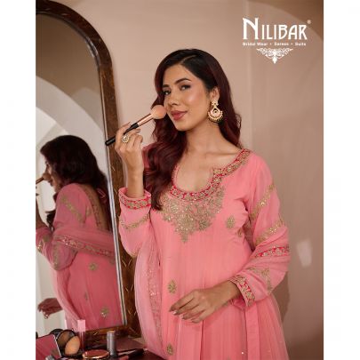 Light Peach Anarkali With Salwar Paired With Georgette Top, Silk Bottom & Net Dupatta
