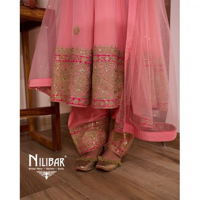 Light Peach Anarkali With Salwar Paired With Georgette Top, Silk Bottom & Net Dupatta