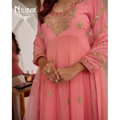 Light Peach Anarkali With Salwar Paired With Georgette Top, Silk Bottom & Net Dupatta