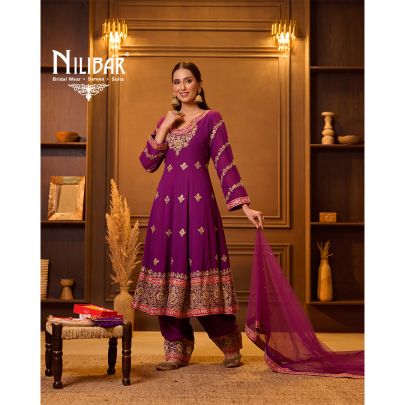 Purple Georgette Anarkali Suit Paired With Straight Salwar