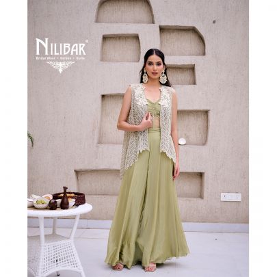 Mint Green Chinnon Crop Top Paired With Flowy Palazzo
