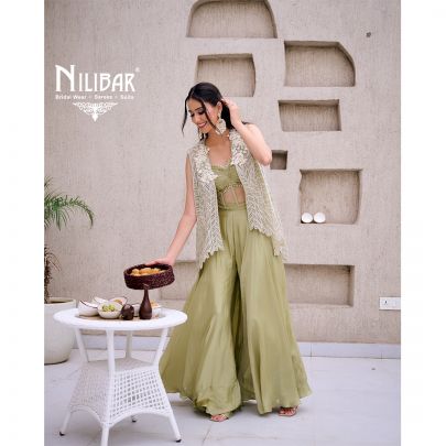 Mint Green Chinnon Crop Top Paired With Flowy Palazzo