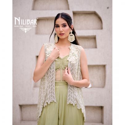 Mint Green Chinnon Crop Top Paired With Flowy Palazzo
