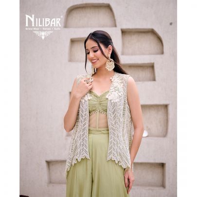 Mint Green Chinnon Crop Top Paired With Flowy Palazzo