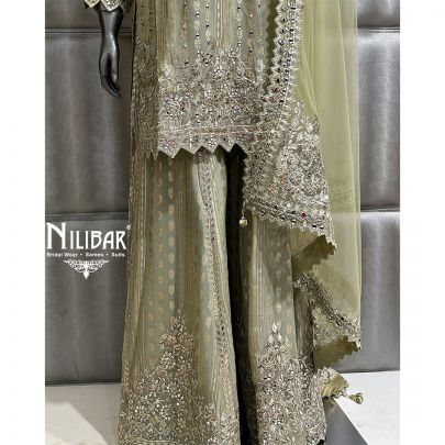 Pistachio Green Lamé Silk Flared Palazzo