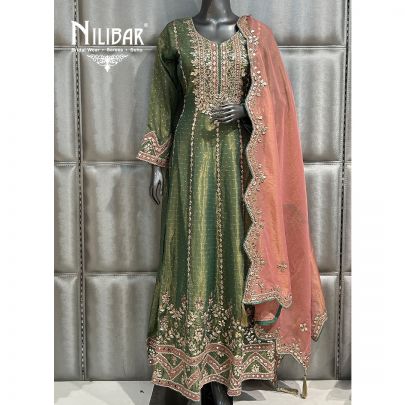 Mehandi Green & Onion Pink Lamé Tissue Anarkali Set