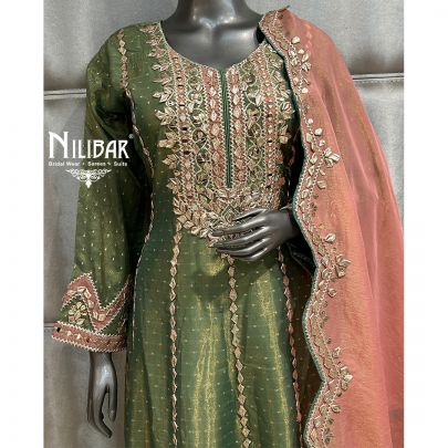 Mehandi Green & Onion Pink Lamé Tissue Anarkali Set