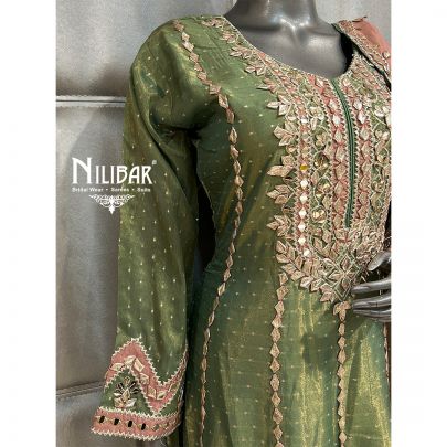 Mehandi Green & Onion Pink Lamé Tissue Anarkali Set