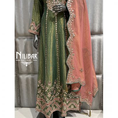 Mehandi Green & Onion Pink Lamé Tissue Anarkali Set